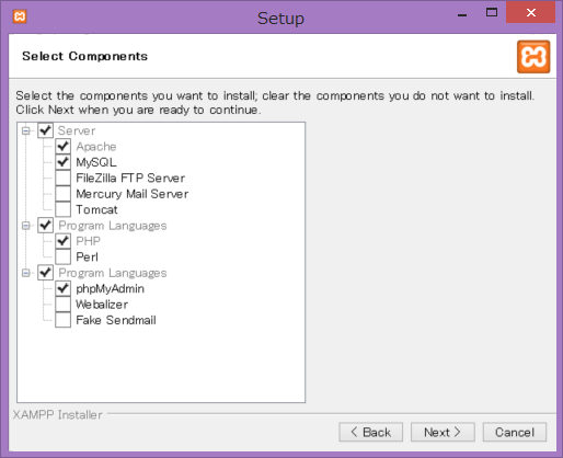 XAMPP Installation Select Components
